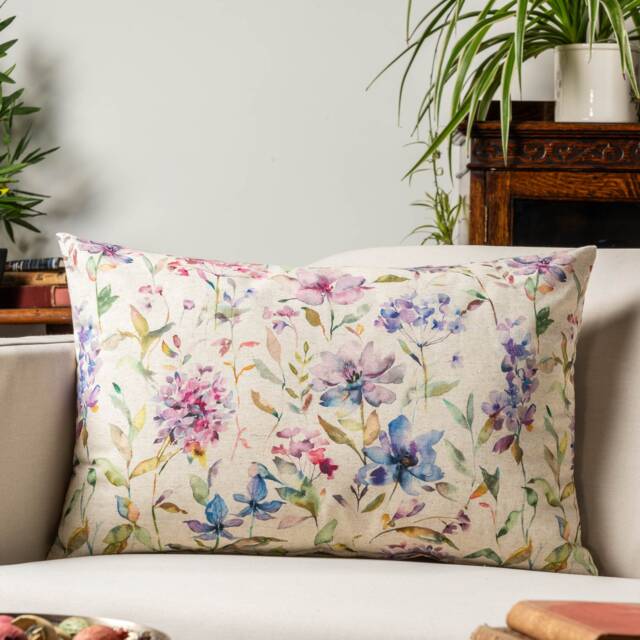 Watercolour Blossom Linen Blend Xl Rectangular Cushion. Pink, Purple & Green Botanical Floral Design On A Natural Fabric. 23X15 - image 1