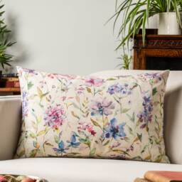 Watercolour Blossom Linen Blend Xl Rectangular Cushion. Pink, Purple & Green Botanical Floral Design On A Natural Fabric. 23X15 - thumbnail 1
