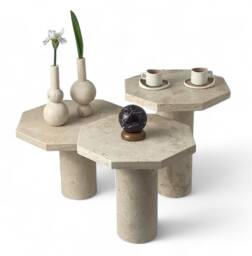 Travertine Coffee Table, Set Of 3, Marble Side Table, Natural Stone End Contemporary Pedestal Unique Coffee Table