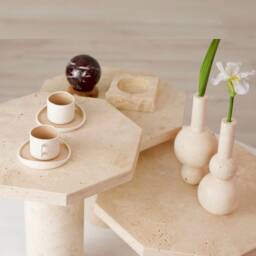 Travertine Coffee Table, Set Of 3, Marble Side Table, Natural Stone End Contemporary Pedestal Unique Coffee Table - thumbnail 2