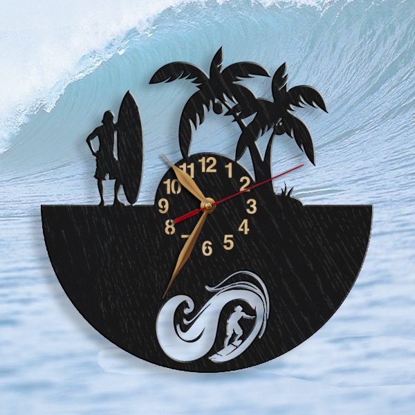 Surfing Wooden Wall Clock, Surfer Decor, Silent Clock 12 Or 18 Inches - image 1