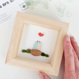 Handmade Sea Glass Lovebirds Framed Wall Art - Romantic Gift For Couples