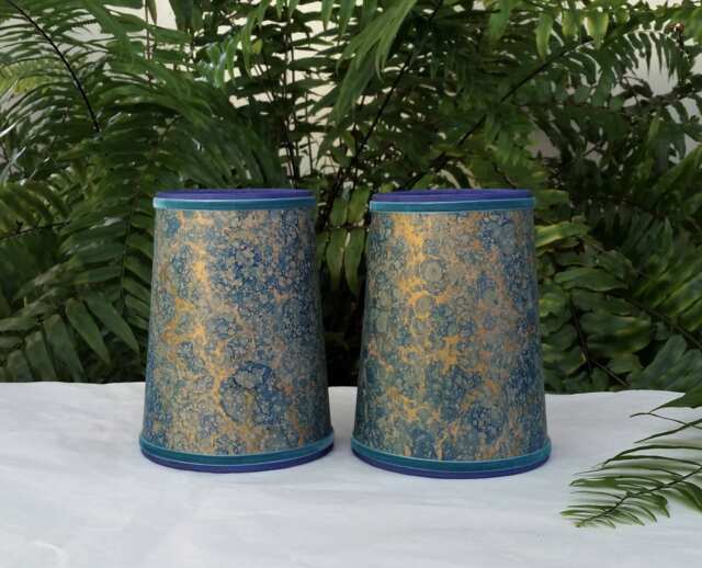 Pair Teal Blue Gold Marbled Paper Lampshades Candle Bulb - image 1