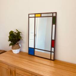 Piet Mondrian Style Stained Glass Effect Mirror With Darkened Lead By Catfish Made in The UK 65cmsx45cms - thumbnail 2