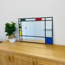 Piet Mondrian Style Stained Glass Effect Mirror With Darkened Lead By Catfish Made in The UK 65cmsx45cms - thumbnail 3