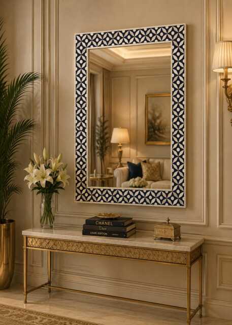 Designer Bone Inlay Black Geometric Pattern Mirror Frame With Complimentary - image 1