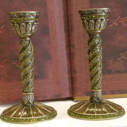Antique Gold Olive Swirl Candlesticks, Shabbat Candle Holders, Shabbos Candlsticks - thumbnail 3