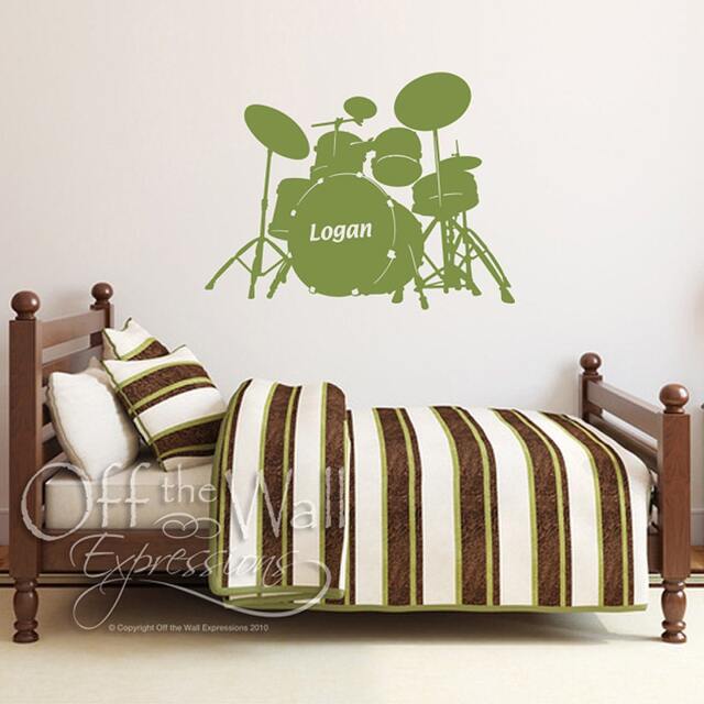 Personalized Drum Set Vinyl Decal, Bedroom Wall Sticker, Kids Room Monogram, Drummer Decal - image 1