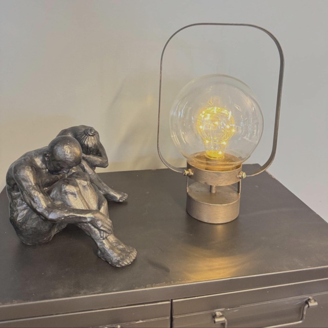 Industrial Lantern, Battery Operated, Bronze Metal, Clear Glass Orb, Retro Tabke Lamp - image 1