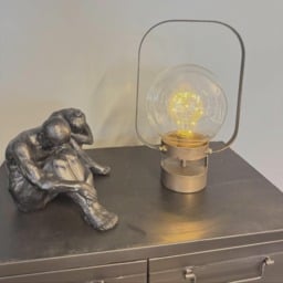 Industrial Lantern, Battery Operated, Bronze Metal, Clear Glass Orb, Retro Tabke Lamp - thumbnail 1
