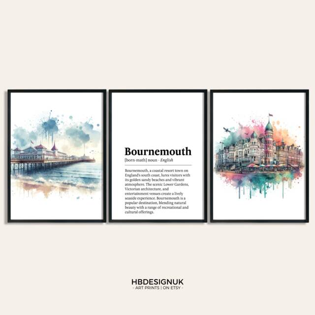 Bournemouth Print Set - Of 3 Watercolour Posters - Dorset Travel Prints Poster Pictures UK Wall Art Artwork Decor - image 1