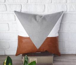 Triangle Design Pillow Cover Gray, White & Cognac Denim, Modern Home Decor