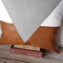 Triangle Design Pillow Cover Gray, White & Cognac Denim, Modern Home Decor - thumbnail 4