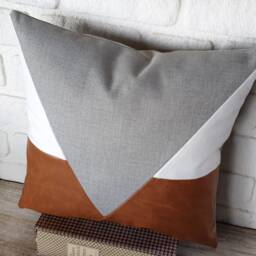 Triangle Design Pillow Cover Gray, White & Cognac Denim, Modern Home Decor - thumbnail 3