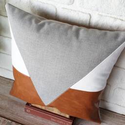 Triangle Design Pillow Cover Gray, White & Cognac Denim, Modern Home Decor - thumbnail 2