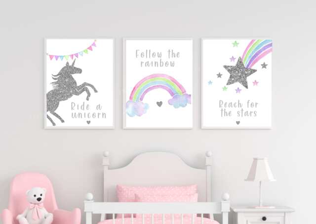 Set Of 3 Unicorn Personalised Prints, Nursery Decor, Girls Bedroom Print, Unicorns Ride A - image 1