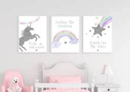 Set Of 3 Unicorn Personalised Prints, Nursery Decor, Girls Bedroom Print, Unicorns Ride A - thumbnail 1