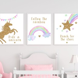 Set Of 3 Unicorn Personalised Prints, Nursery Decor, Girls Bedroom Print, Unicorns Ride A - thumbnail 2