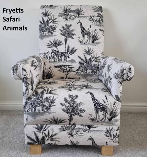 Safari Animals Fabric Adult Armchair Handmade Nursery Accent Chair Blue Beige - image 1