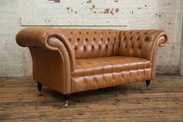 2 Seater Vintage Tan Brown Leather Chesterfield Sofa, British Handmade - image 1