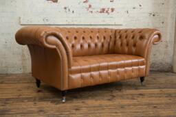 2 Seater Vintage Tan Brown Leather Chesterfield Sofa, British Handmade - thumbnail 1