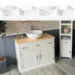 Bathroom Vanity Unit White Painted Cabinet Wash Stand Cream Marble Top & Ceramic Basin 1161Pcmcbc