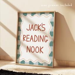 Personalised Reading Nook Print in Blue, Unframed Checkered Pattern Boys Prints, Corner, Bedroom Playroom, Storytime - thumbnail 1