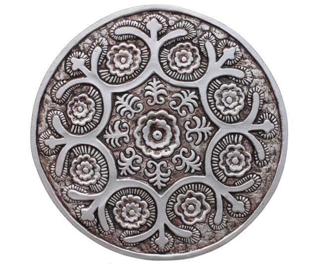 Circle Wall Sculpture With Floral Design, Hand Painted Tile, Rustic Ceramic Tiles, Art Decor, Suzani #1 30cm Aged Silver - image 1