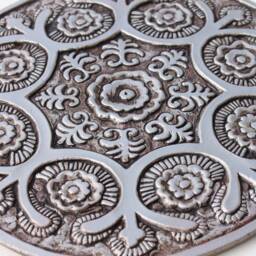 Circle Wall Sculpture With Floral Design, Hand Painted Tile, Rustic Ceramic Tiles, Art Decor, Suzani #1 30cm Aged Silver - thumbnail 2