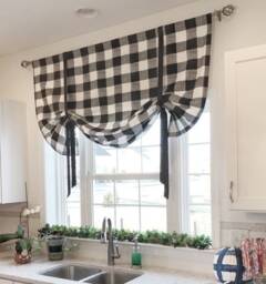 Black & White Bufflo Check Tie Up Shade, Designer Valance , Plaid Valance, Modern Home Decor, Nursery Kitchen Curtain - thumbnail 1