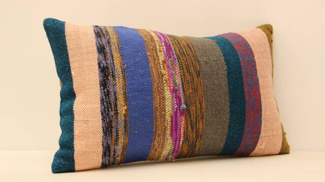 Vintage Turkish Kilim Lumbar Pillow Cover, Rustic Woven Wool 12x20 - image 1