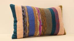 Vintage Turkish Kilim Lumbar Pillow Cover, Rustic Woven Wool 12x20 - thumbnail 1