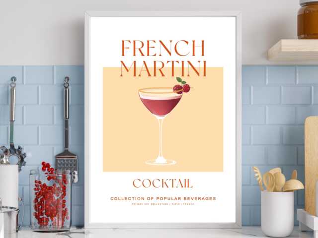 French Martini Cocktail - Peach Art Print Poster - Party Signature Drink Sign Wall Decor Minimalist Elegant Retro Gift A5 A4 A3 - image 1