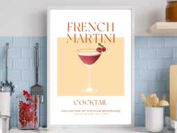 French Martini Cocktail - Peach Art Print Poster - Party Signature Drink Sign Wall Decor Minimalist Elegant Retro Gift A5 A4 A3 - thumbnail 1