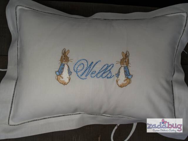 Exquisite Personalized Cotton Hemstitched Baby Pillow For Baby's Nursery-Monogram Pillow-Baby Shower Gift-Peter Rabbit Bedding - image 1