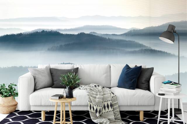 Serene Horizon Wall Mural, Sunbath Mountains Misty Forest Wallpaper, Scene D??cor, Nursery & Room Art - image 1