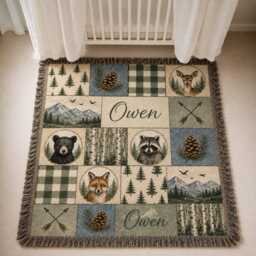 Personalized Woodland Patchwork Woven Blanket, Custom Name Forest Animal Nursery Decor, Baby Boy Blanket - thumbnail 2