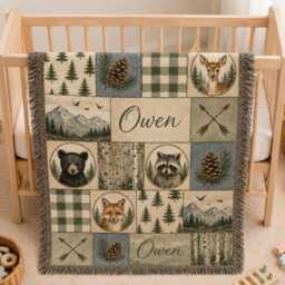 Personalized Woodland Patchwork Woven Blanket, Custom Name Forest Animal Nursery Decor, Baby Boy Blanket - thumbnail 3