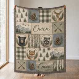Personalized Woodland Patchwork Woven Blanket, Custom Name Forest Animal Nursery Decor, Baby Boy Blanket - thumbnail 1