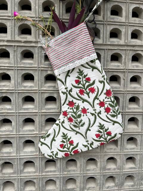 Red Floral Block Print Christmas Stocking Handmade Cotton Boho Decor - image 1