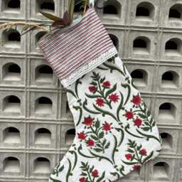 Red Floral Block Print Christmas Stocking Handmade Cotton Boho Decor - thumbnail 2
