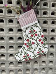 Red Floral Block Print Christmas Stocking Handmade Cotton Boho Decor - thumbnail 1