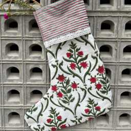 Red Floral Block Print Christmas Stocking Handmade Cotton Boho Decor - thumbnail 3