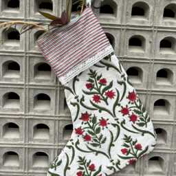 Red Floral Block Print Christmas Stocking Handmade Cotton Boho Decor - thumbnail 4