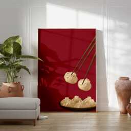 Dumpling Art Print, Minimalist Asian Food Poster, Modern Red Kitchen Wall Art, Chinese Cuisine Illustration, Contemporary Dining Decor - thumbnail 3