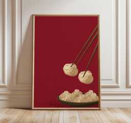 Dumpling Art Print, Minimalist Asian Food Poster, Modern Red Kitchen Wall Art, Chinese Cuisine Illustration, Contemporary Dining Decor - thumbnail 1