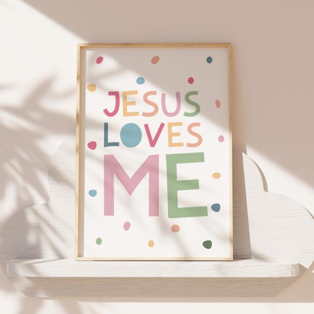 Jesus Loves Me Print, Christian Wall Art, Girls Nursery Bible Verse Bedroom Decor, Pastel Prints - image 1