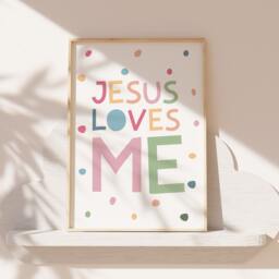 Jesus Loves Me Print, Christian Wall Art, Girls Nursery Bible Verse Bedroom Decor, Pastel Prints - thumbnail 1