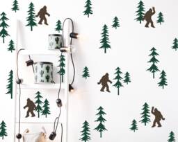 Friendly Sasquatch in The Forest Wall Decal Set - Bigfoot Decals, Pine Tree Woodland Nursery Decals