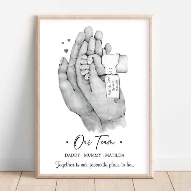 Personalised Family Team Print - New Baby Birth Tag Gift Hands One Child Only Unframed Girl Boy Home - image 1